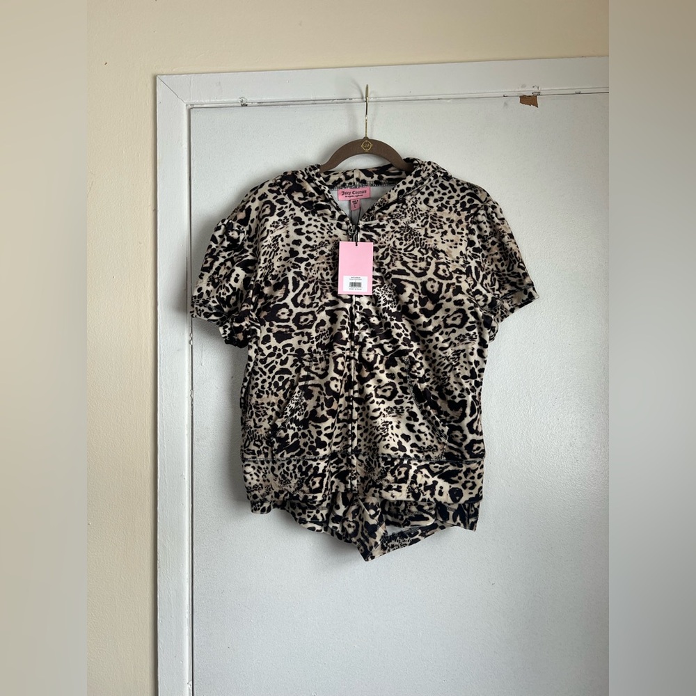 Juicy Couture Ocelot Velour Tracksuit Hoodie & Shorts Lounge Set Size Large